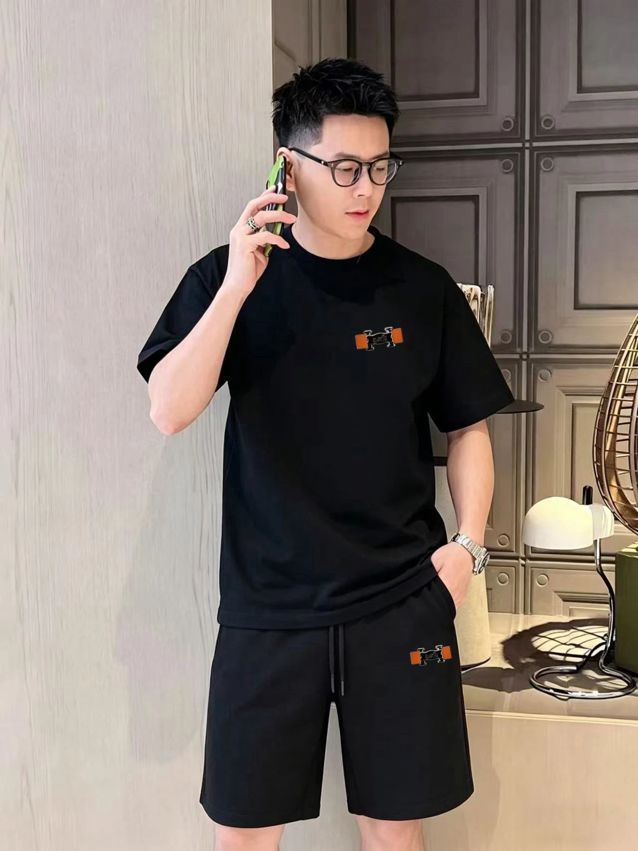 Hermes Black T-Shirt and Shorts Set