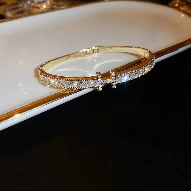 Silver T Bar Crystal Encrusted Bangle Bracelet