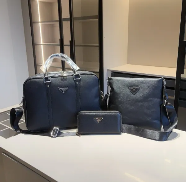 Prada Saffiano Leather Business Set in Navy Blue: Briefcase, Crossbody Bag, and Wallet - 1