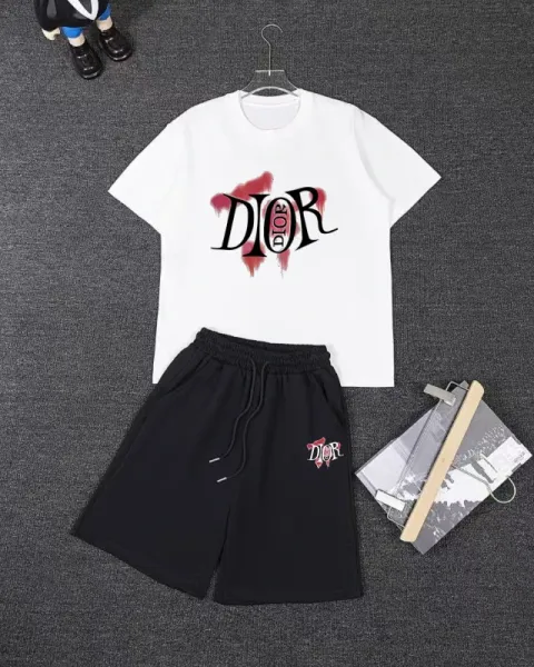 Dior Graphic Logo Print White T-Shirt and Black Shorts Set - 1