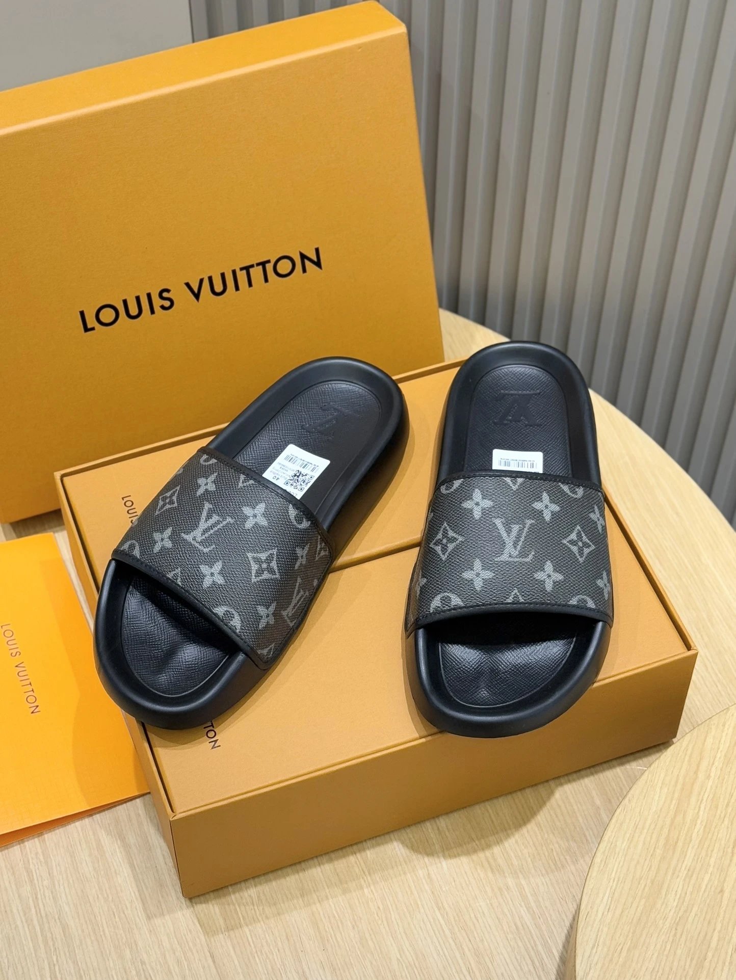 Louis Vuitton Slide Black Monogram Print Slippers