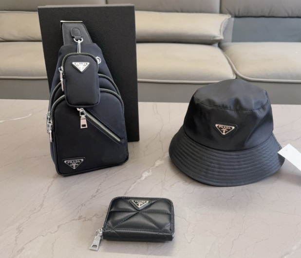 Prada Black Bag, Hat, and Wallet Set