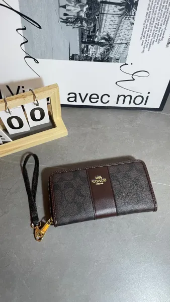 Coach Signature Stripe Wristlet Brown Long Wallet - 1