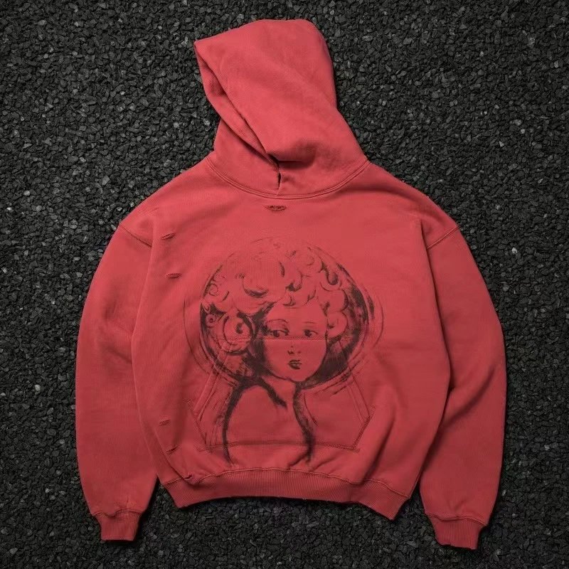 Cotton Hoodie Red Graphic Distressed Streetwear