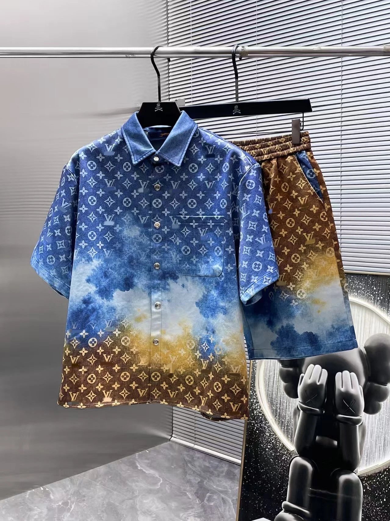Louis Vuitton Monogram Gradient Blue Brown Short Sleeve Shirt And Shorts Set
