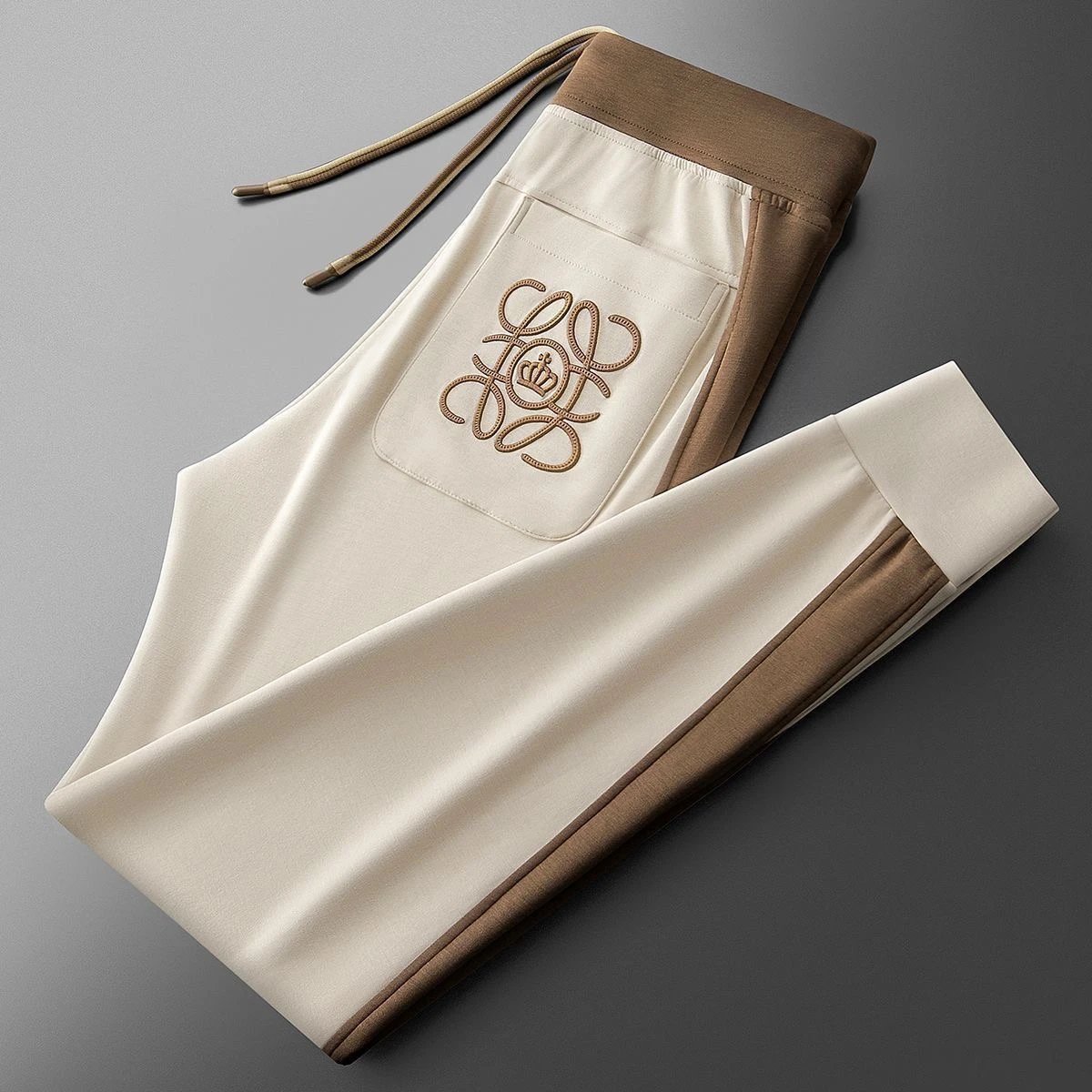 Luxury Embroidered Logo Beige Brown Track Pants