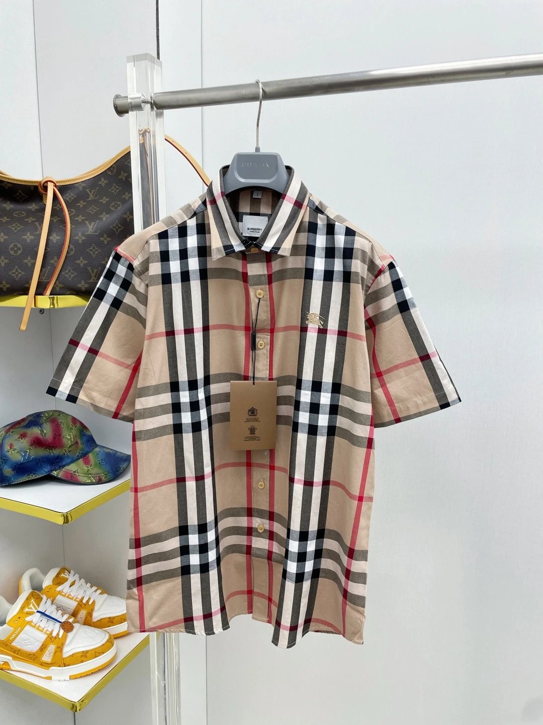 Moncler Short Sleeve Shirt Blue Red Black Plaid Casual