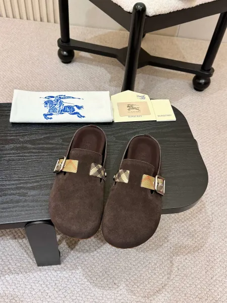 Burberry Buckle-Strap Leather Clog in Black with Vintage Check Slippers - 2
