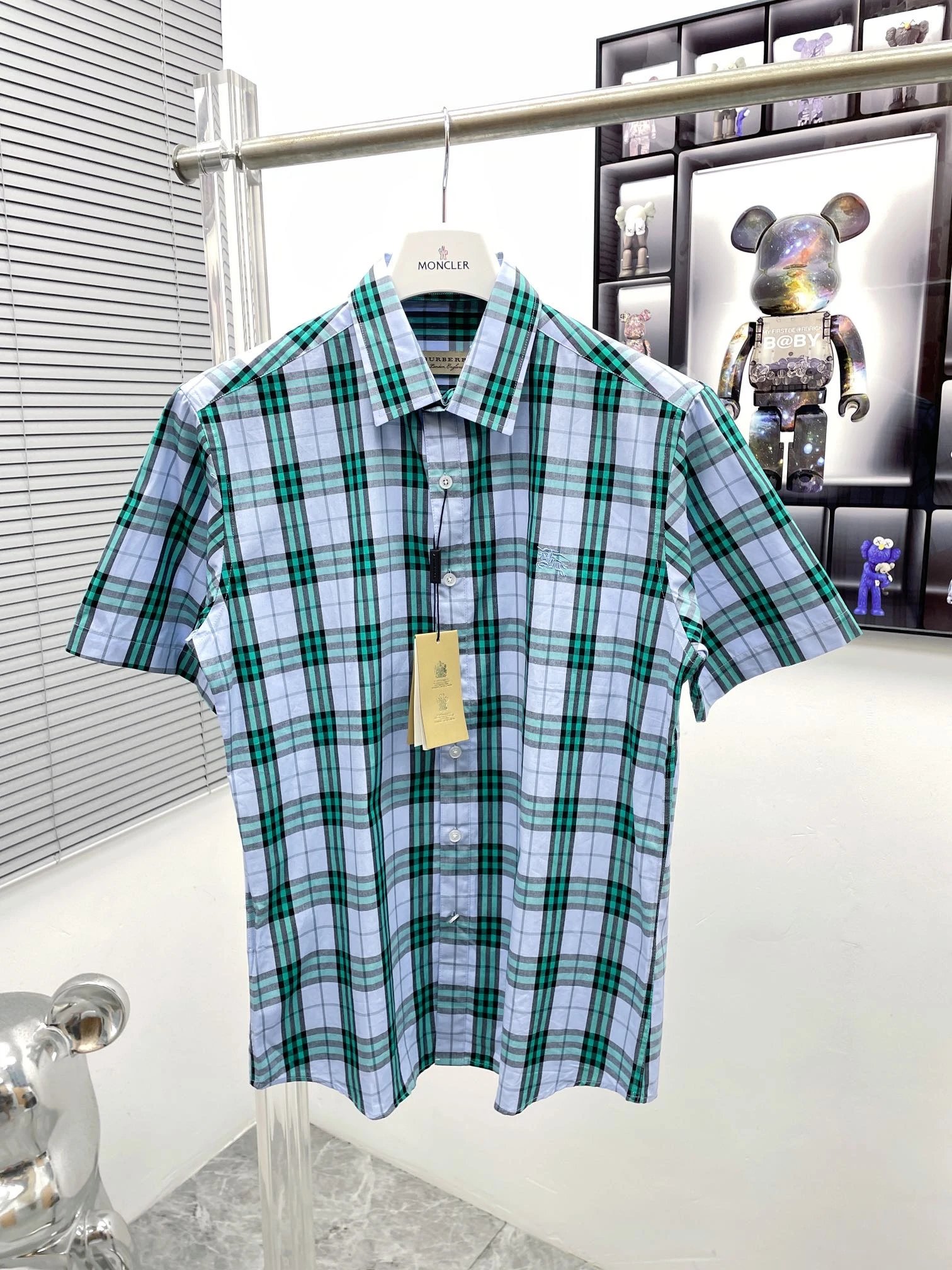 Moncler Short Sleeve Shirt Blue Red Black Plaid Casual
