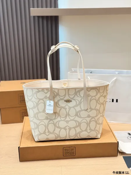 Coach Signature Print Tote Bag Ivory Beige Leather Handbags - 1