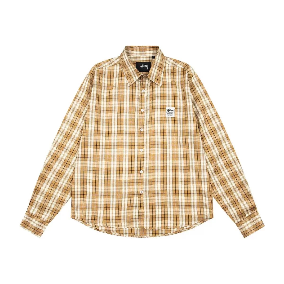 Stussy Checkered Blue Gray Graphic Print Long Sleeve Shirt