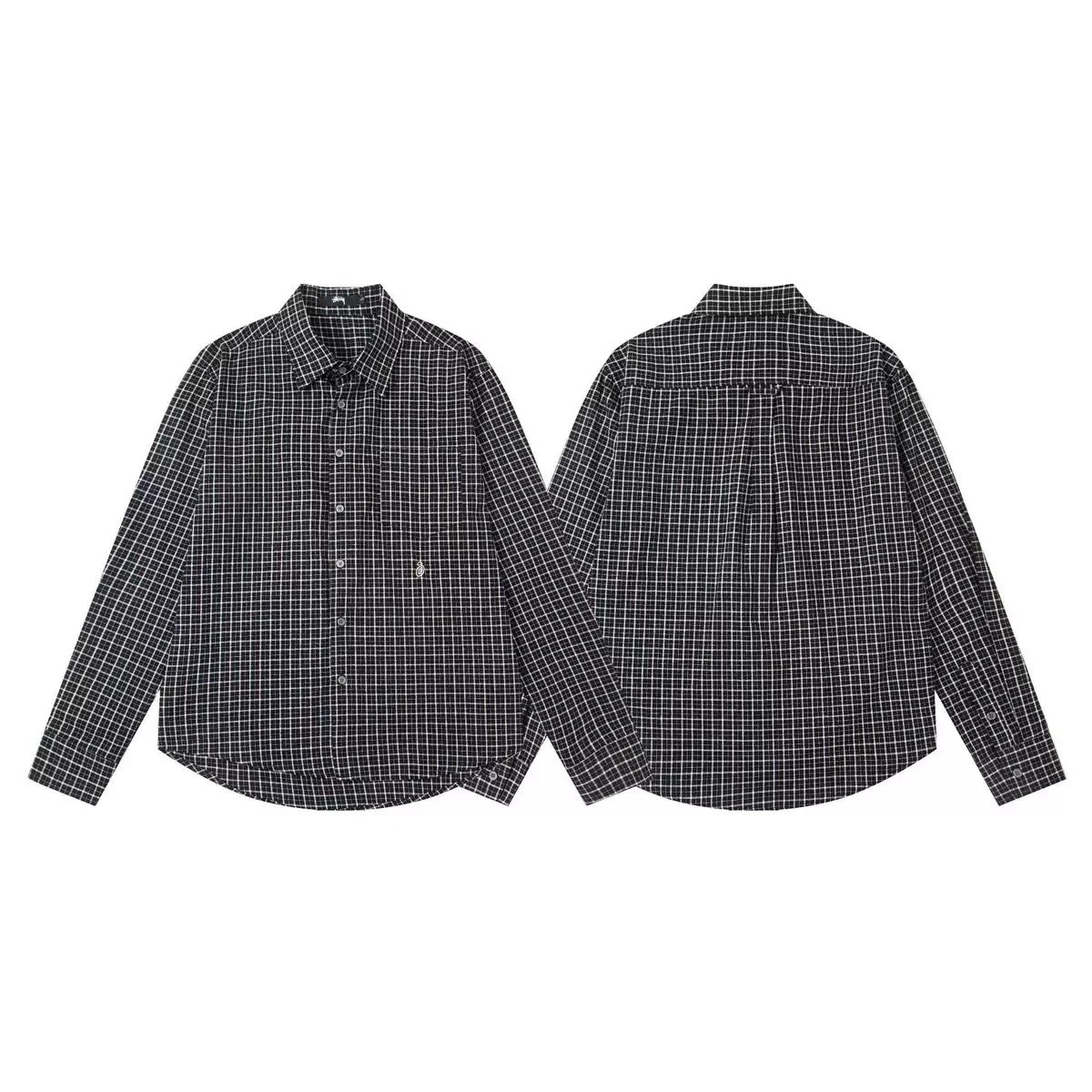 Stussy Checkered Blue Gray Graphic Print Long Sleeve Shirt