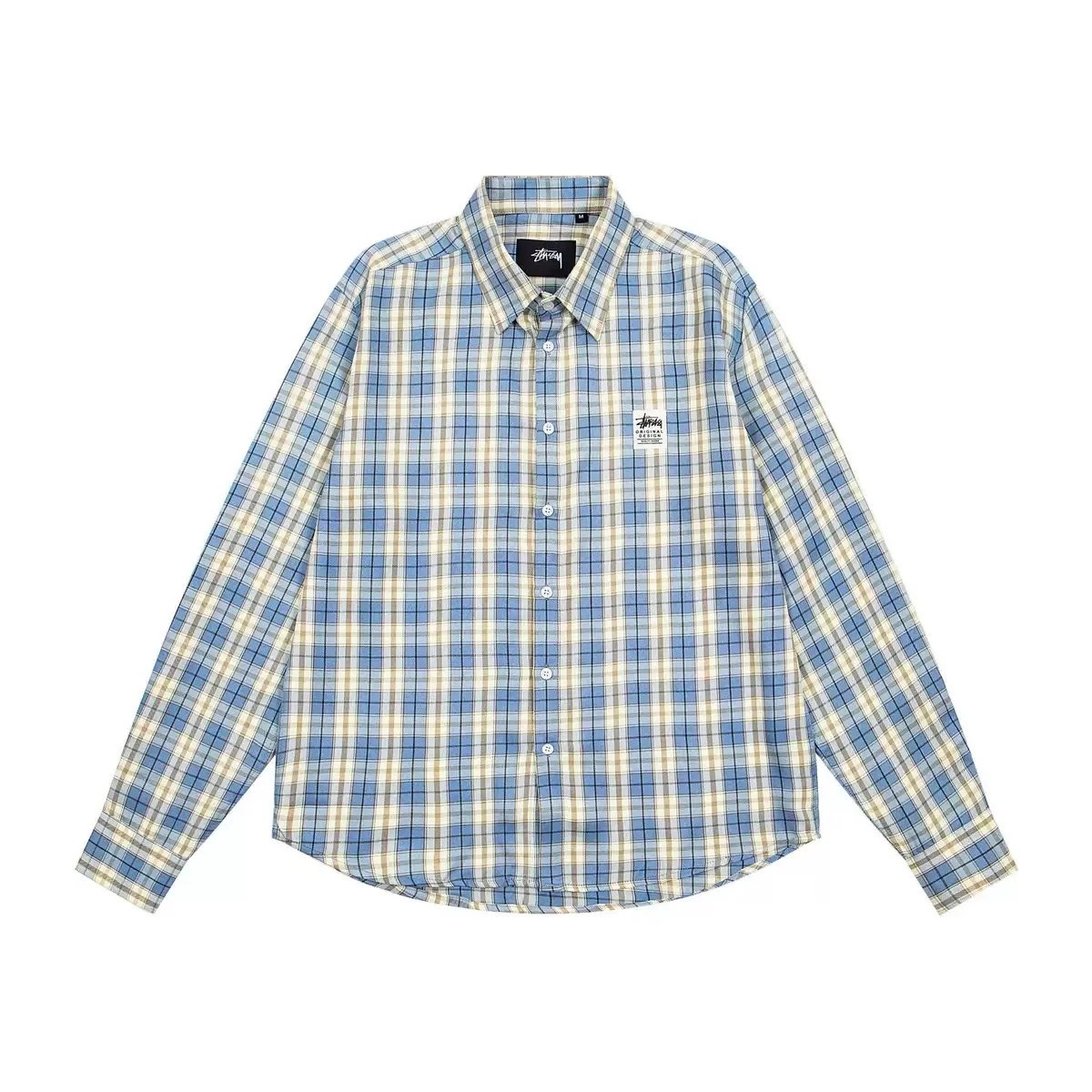 Stussy Checkered Blue Gray Graphic Print Long Sleeve Shirt