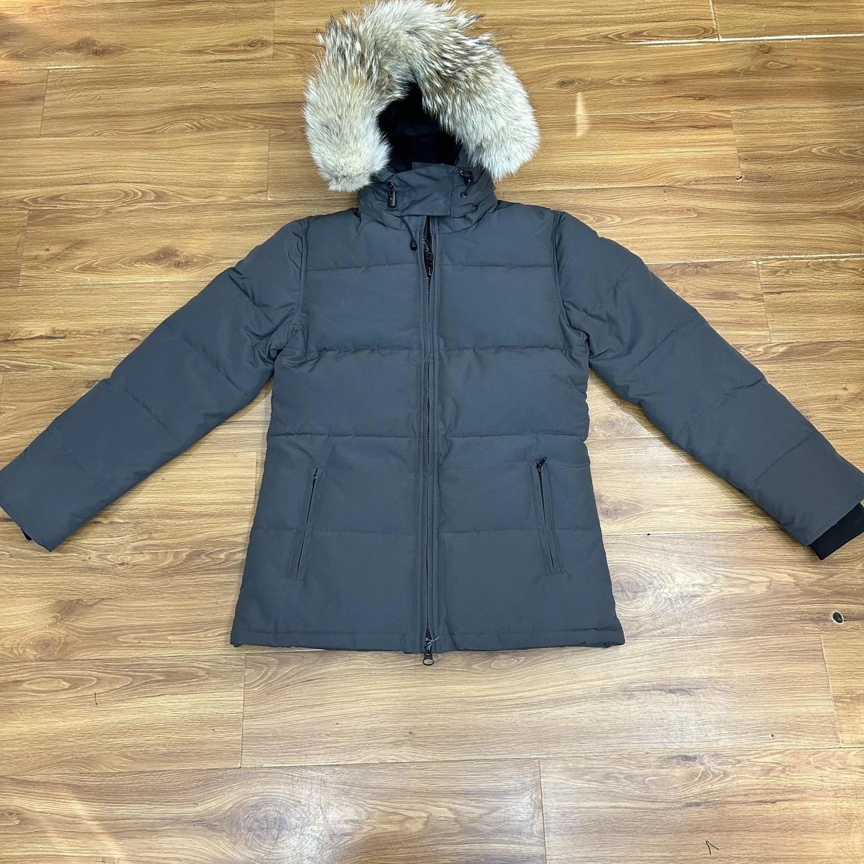 Puffer Jacket Gray Hooded Parka with Fur Trim