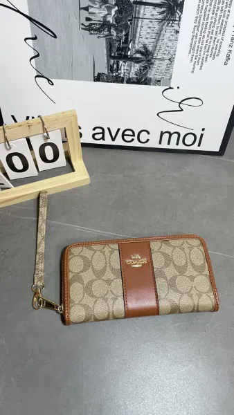 Coach Signature Stripe Wristlet Beige and Brown Long Wallet - 1