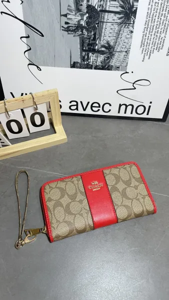 Coach Signature Stripe Long Wallet Red Beige - 1