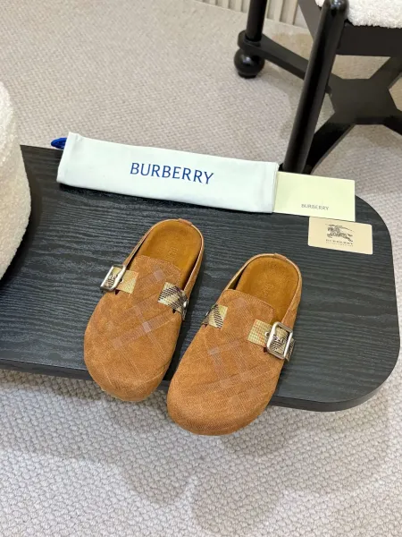 Burberry Buckle-Strap Leather Clog in Black with Vintage Check Slippers - 6