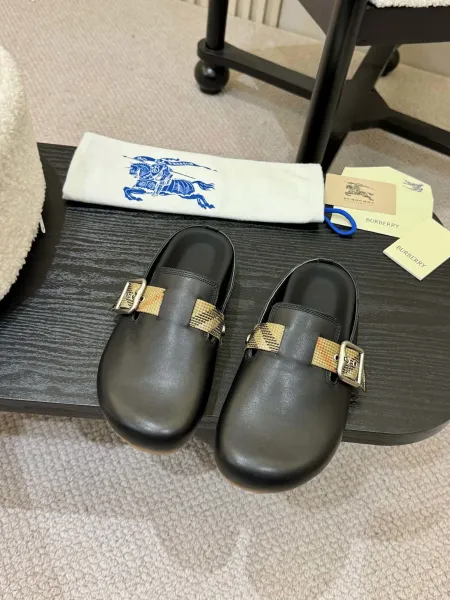 Burberry Buckle-Strap Leather Clog in Black with Vintage Check Slippers - 5