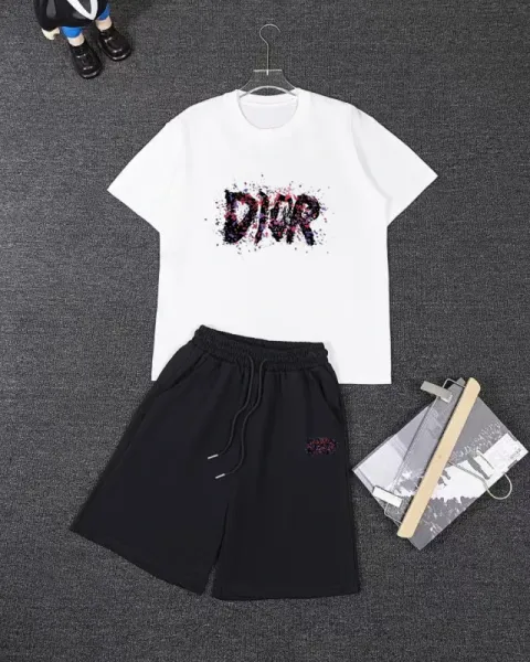 Dior Graphic Print White T-Shirt and Black Drawstring Shorts Set - 1