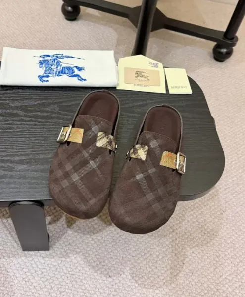Burberry Buckle-Strap Leather Clog in Black with Vintage Check Slippers - 4