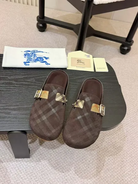 Burberry Horseferry Check Buckle Mule Brown Suede Slippers - 5