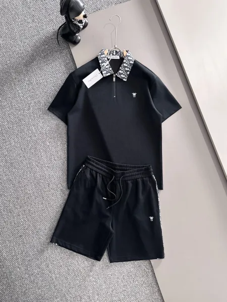 Dior Oblique Print Collar Half-Zip Polo and Shorts Set Black - 1
