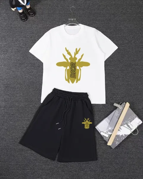 Dior Bee Logo White T-Shirt and Black Shorts Set - 1
