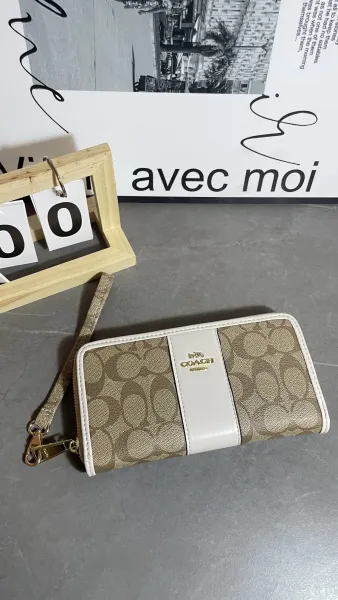 Coach Signature Stripe Wristlet Wallet Beige and White Long Wallet - 1