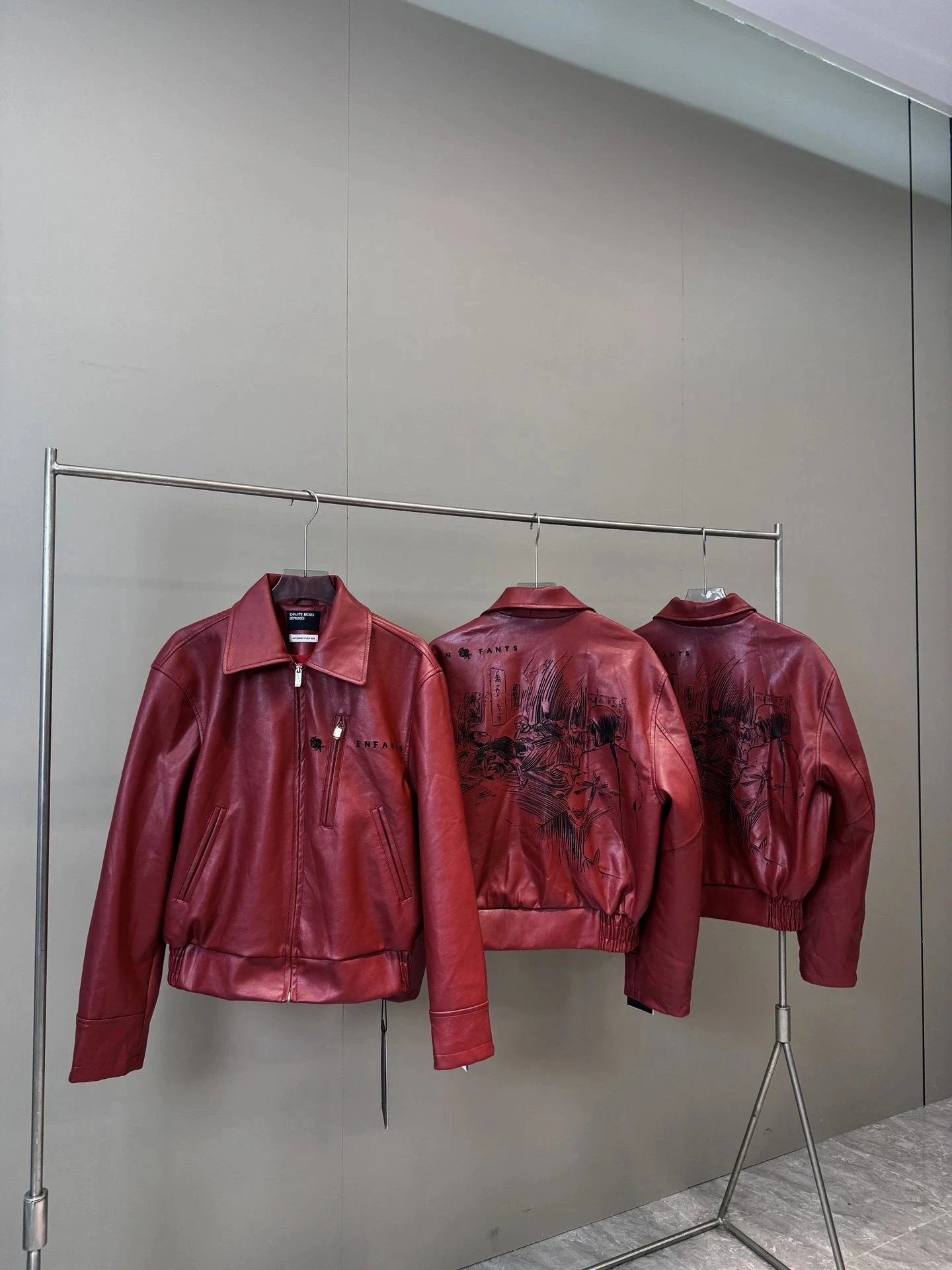 En Fants Graphic Print Black Leather Biker Jacket