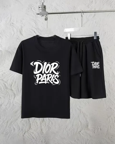Dior Paris Graffiti Logo Black T-Shirt and Shorts Set - 1