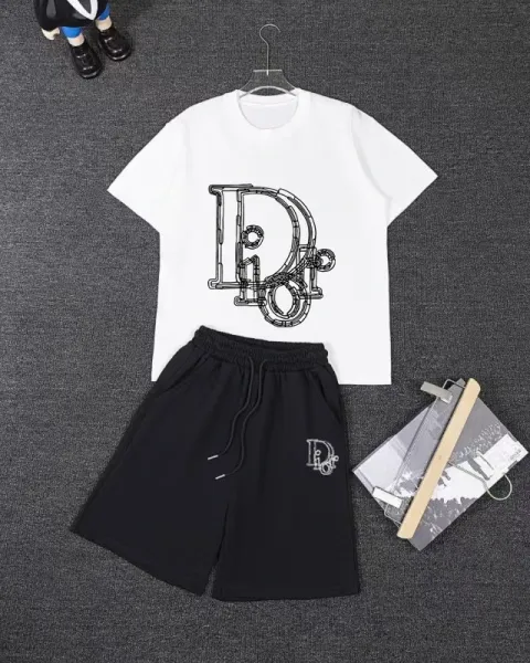 Dior Oblique Logo White T-Shirt and Black Shorts Set - 1