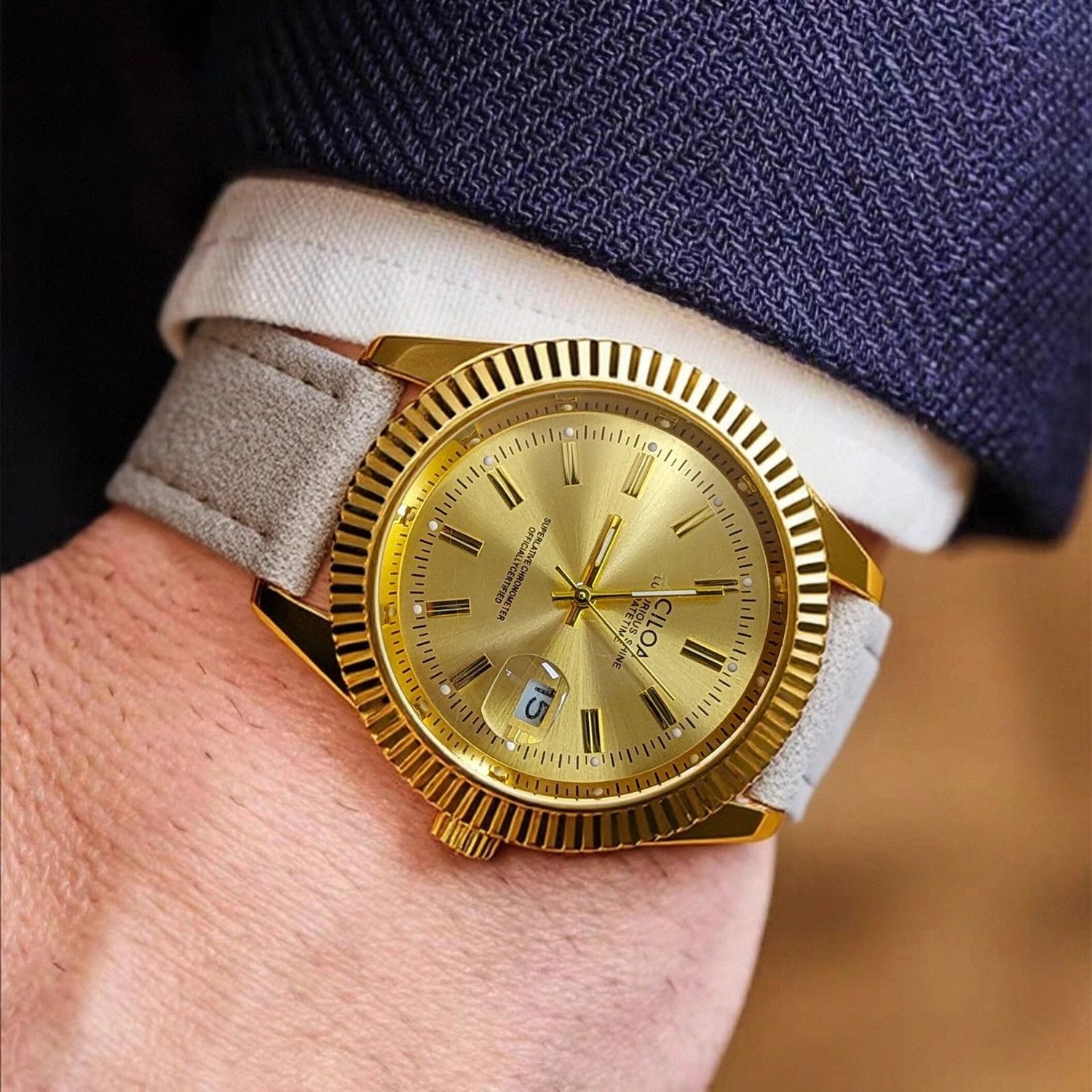 Black Chronograph Watch with Leather Strap Sporty Style