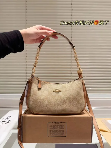 Coach Chain Shoulder Bag Beige Signature Canvas Hobo Bag - 1