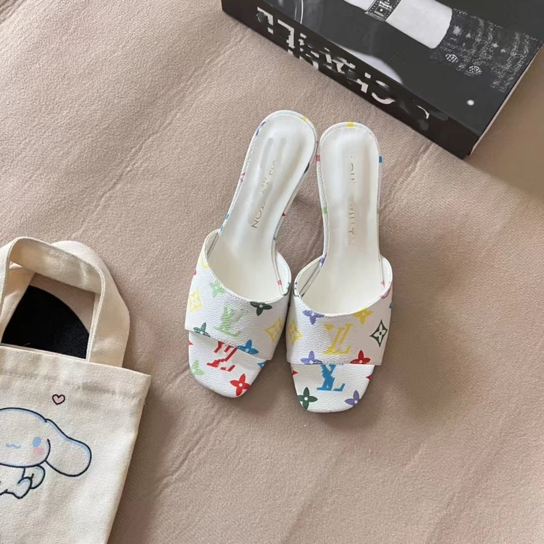 Denim kitten heel sandals, versatile popular letter fashion simple stiletto women's sandals