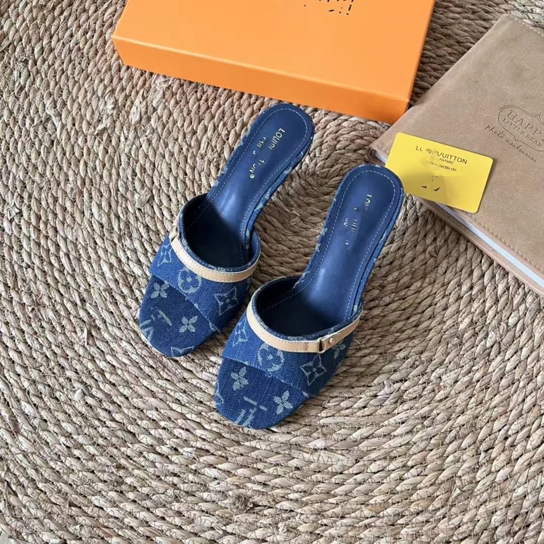 Denim kitten heel sandals, versatile popular letter fashion simple stiletto women's sandals