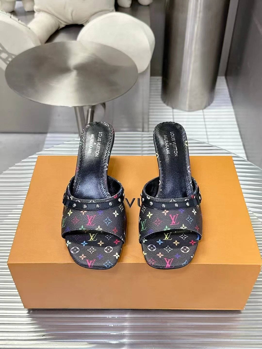 Denim kitten heel sandals, versatile popular letter fashion simple stiletto women's sandals