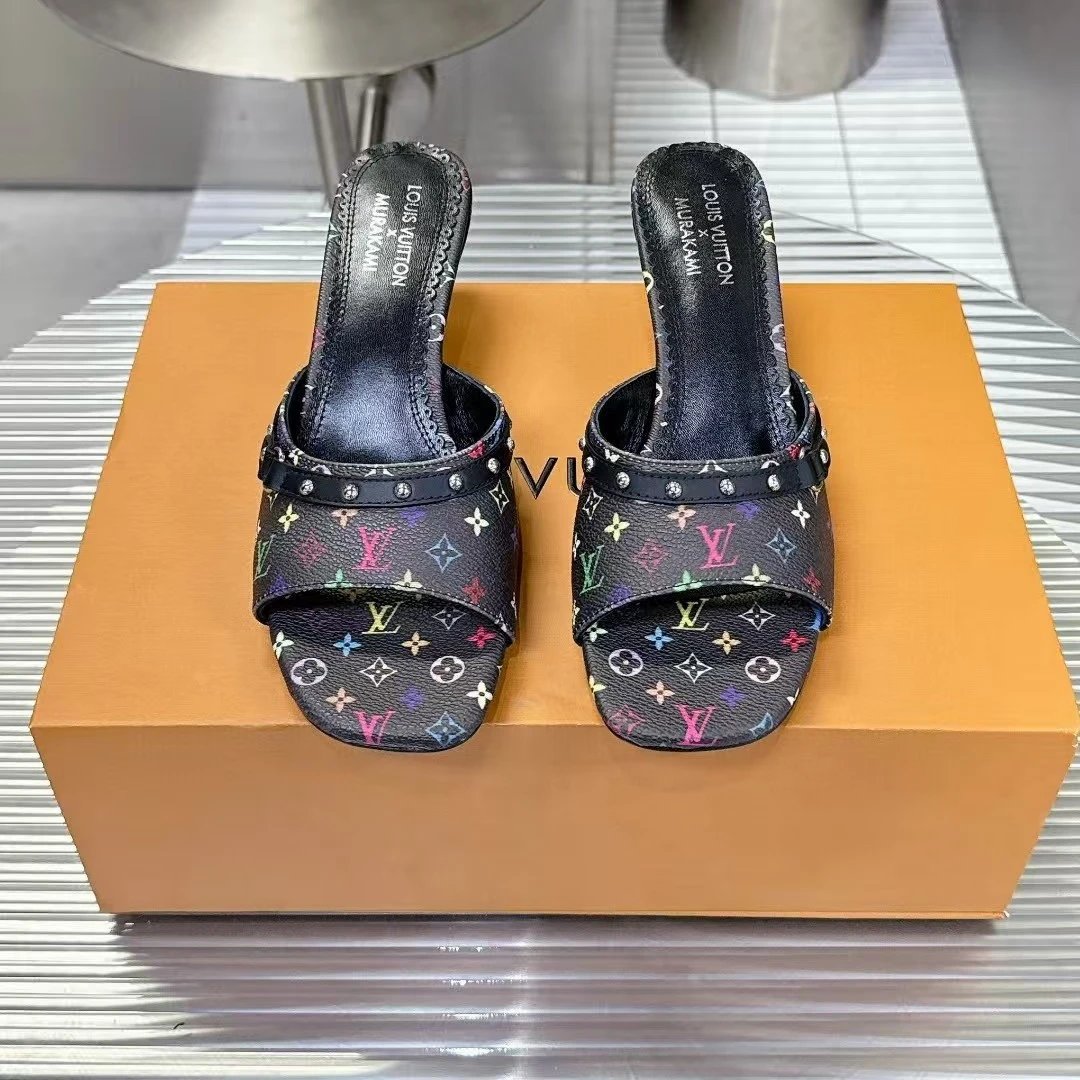 Denim kitten heel sandals, versatile popular letter fashion simple stiletto women's sandals