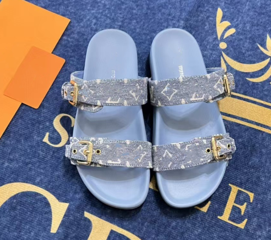 2024 New European,American,Singapore,Cambodia Metal Belt Buckle Velcro Flat Slippers