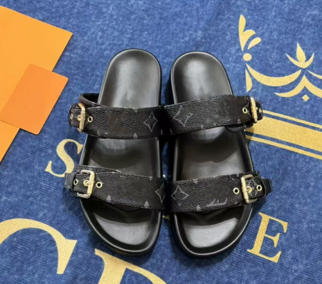 2024 New European,American,Singapore,Cambodia Metal Belt Buckle Velcro Flat Slippers