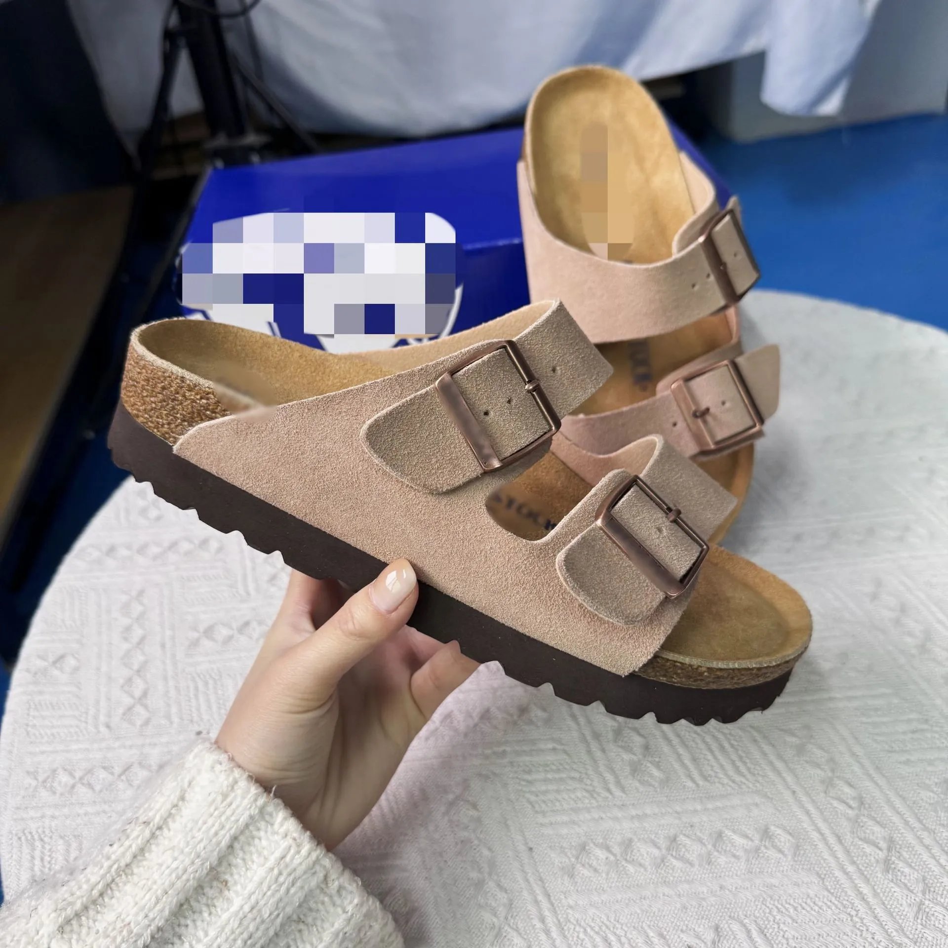 Birkenstock cork sandals women's genuine leather fashion double-breasted sandals Birkenstock