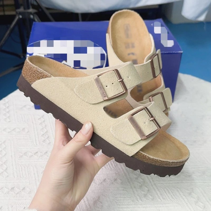 Birkenstock cork sandals women's genuine leather fashion double-breasted sandals Birkenstock