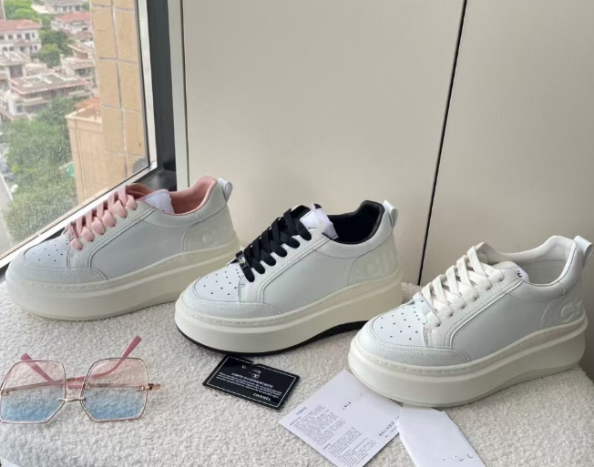 Chanel style biscuit shoes platform thick-soled white shoes with lace-up sneakers for women