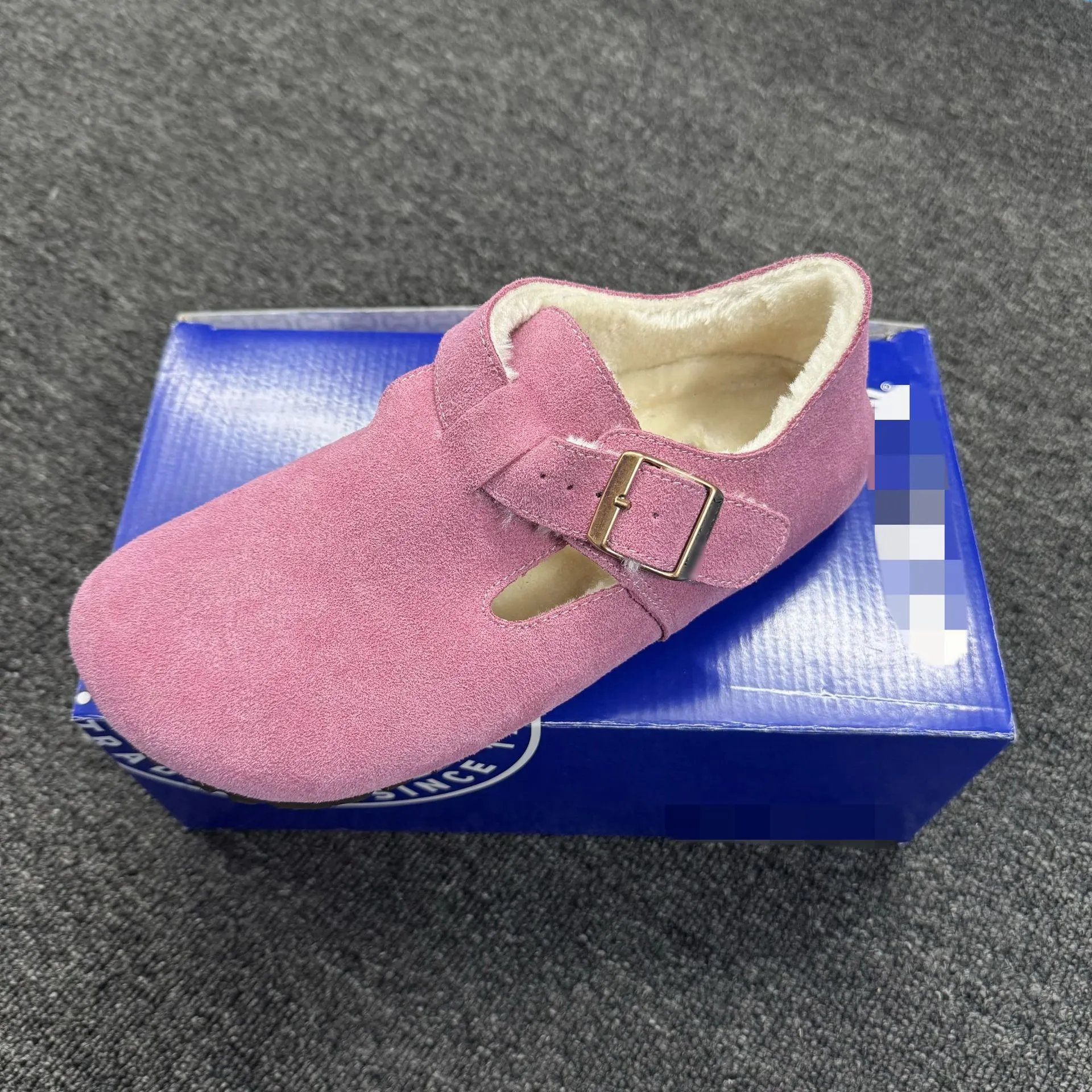Sanxi same style Birkenstock women's genuine leather thick sole plush fur shoes