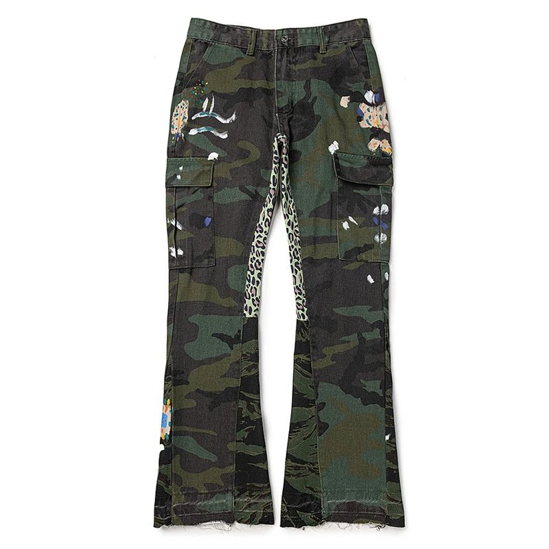 G D Hand-painted Splashed Ink Spliced Drawstring High Street Casual Sports Sweatpants with Flared Bo