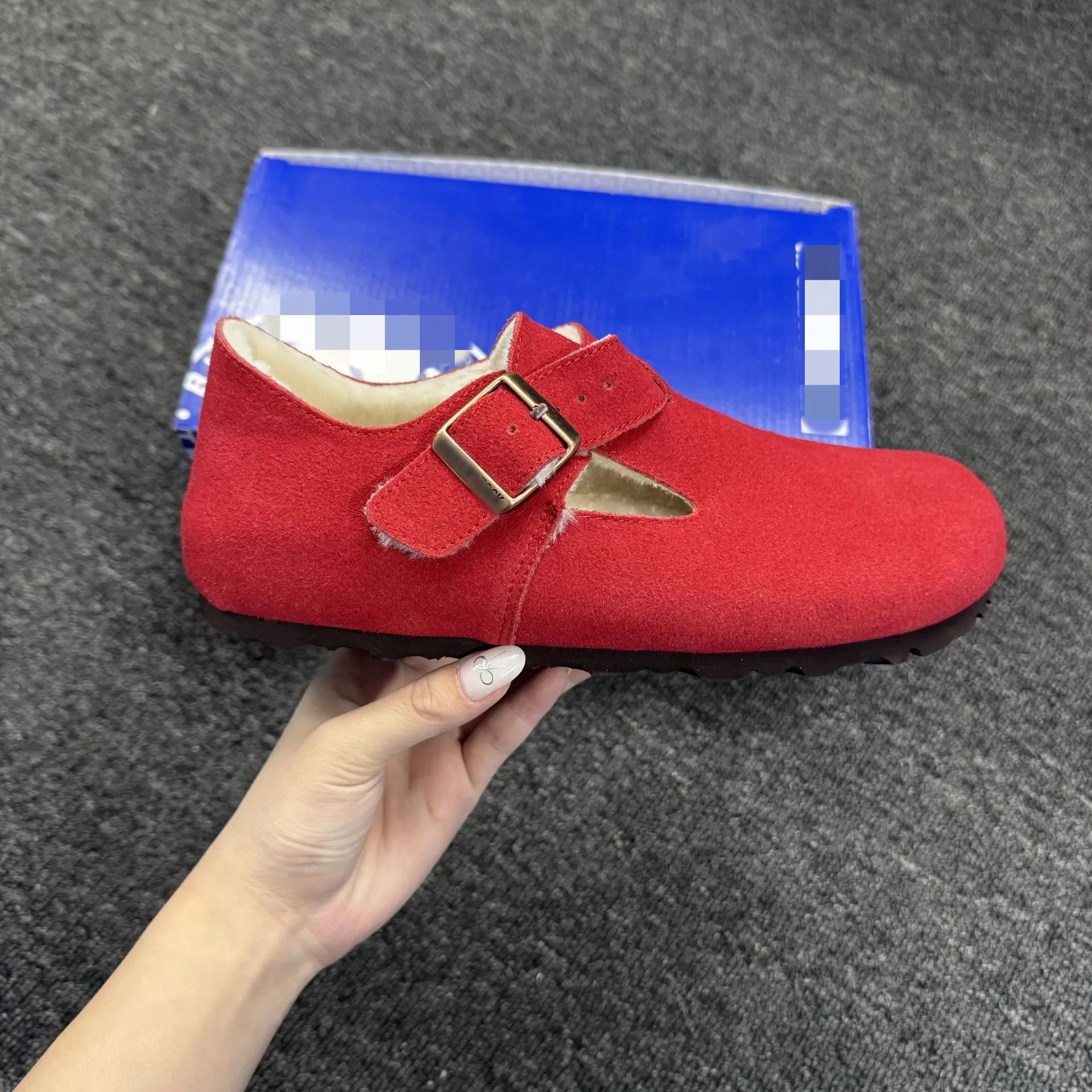Sanxi same style Birkenstock women's genuine leather thick sole plush fur shoes