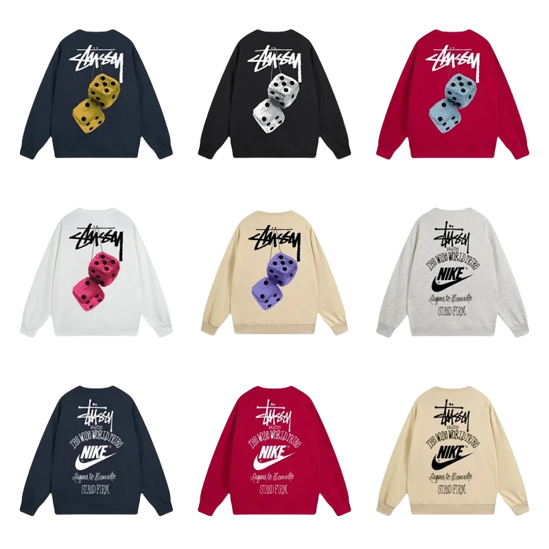 Stussy Dice Graphic Sweatshirt in Navy, Black, Red, White, Beige, and Grey
