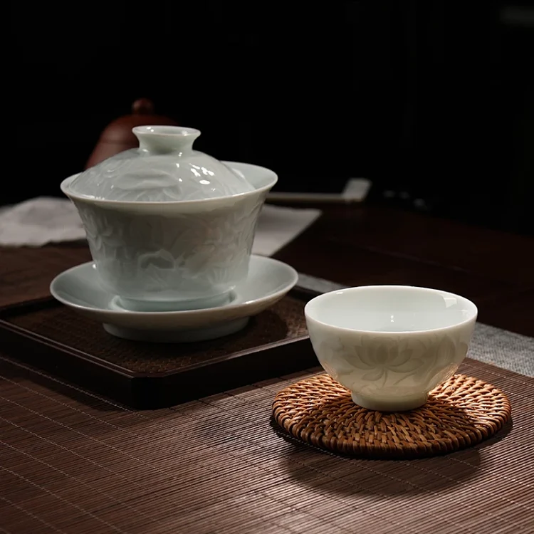 观复一品青莲影青盖碗套装 一碗四杯 景德镇家用品茗杯功夫茶具观复博物馆旗舰店微店
