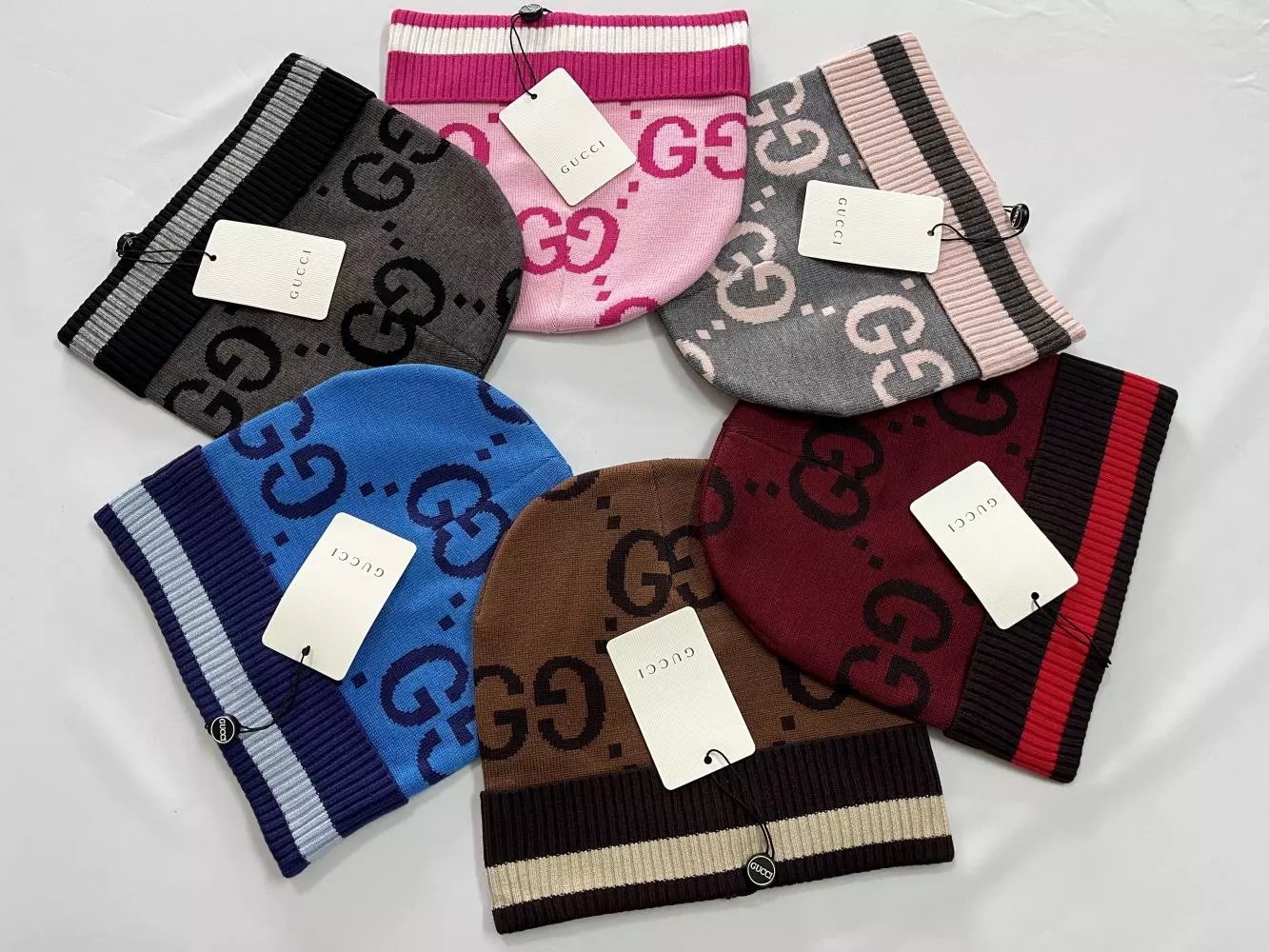 Gucci Hats GG monogram knit beanie with striped ribbed cuff image 10