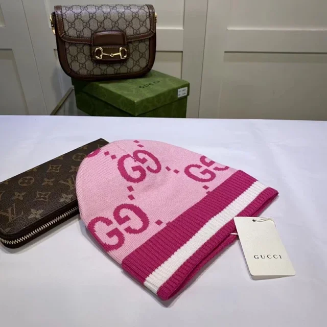 Gucci Hats GG monogram knit beanie with striped ribbed cuff product detail image 5
