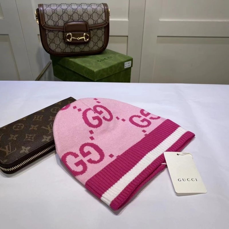Gucci Hats GG monogram knit beanie with striped ribbed cuff image 6